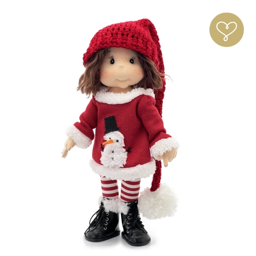 Strój Holly dla lalki 38 cm Lullu Dolls czapka z białym pomponem, sukienka z bałwankiem wykończona futerkiem, rajstopy w biało-czerwone paski, czarne buciki z futerkiem