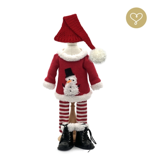 Strój Holly dla lalki 38 cm Lullu Dolls czapka z białym pomponem, sukienka z bałwankiem wykończona futerkiem, rajstopy w biało-czerwone paski, czarne buciki z futerkiem