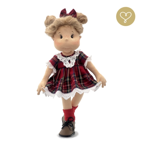 Sukienka w czerwoną kratę wykończona białą bawełnianą koronką dla lalki 38 cm Lullu Dolls