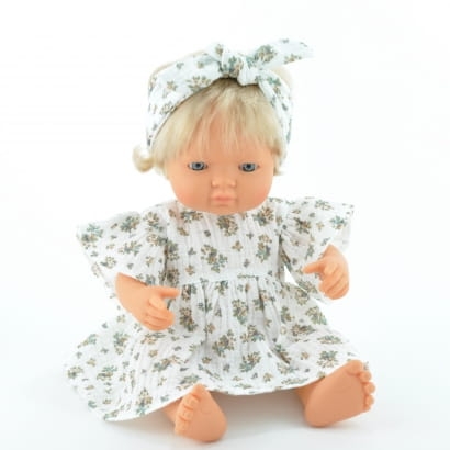 Sukienka muślinowa i opaska dla lalki Miniland 38 cm, Paola Reina 34 cm i Minikane 34 cm - niebieska łączka