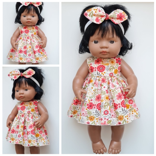 Sukienka i opaska dla lalki Miniland 38 cm, Paola Reina 34 cm i Minikane 34 cm, kolorowe kwiatuszki