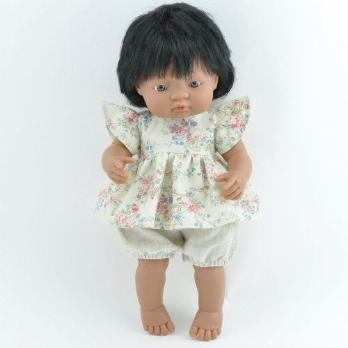Komplet lniane bloomersy i tunika retro łączka dla lalki Miniland 38 cm, Paola Reina 34 cm i Minikane 34 cm