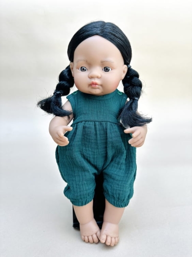 Kombinezon muślinowy dla lalki Miniland 38 cm - Botanical Green, ciemnozielony