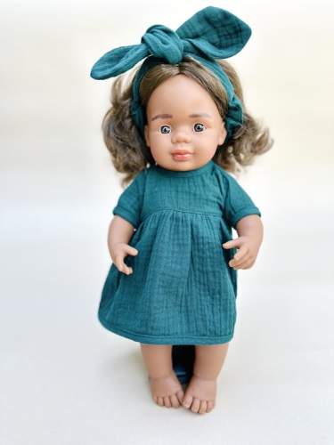 Sukienka muślinowa i opaska dla lalki Miniland 38 cm, Paola Reina 34 cm i Minikane 34 cm - Botanical Green, zielona
