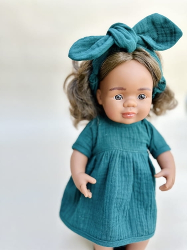 Sukienka muślinowa i opaska dla lalki Miniland 38 cm, Paola Reina 34 cm i Minikane 34 cm - Botanical Green, zielona