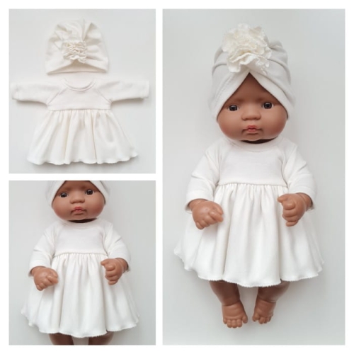 Sukienka i czapeczka turban dla lalki Miniland 32 cm