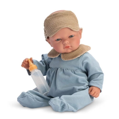 Lalka Hiszpańska 30 cm ASI 0457791 Oli, bobas bez włosów, miękki brzuszek, w niebieskim ubranku, buteleczka