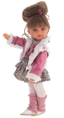 Lalka Hiszpańska 33 cm Antonio Juan 25195 Emily, klasyczna, cała z winylu, w ubranku, brąz włosy z grzywką, rzęsy
