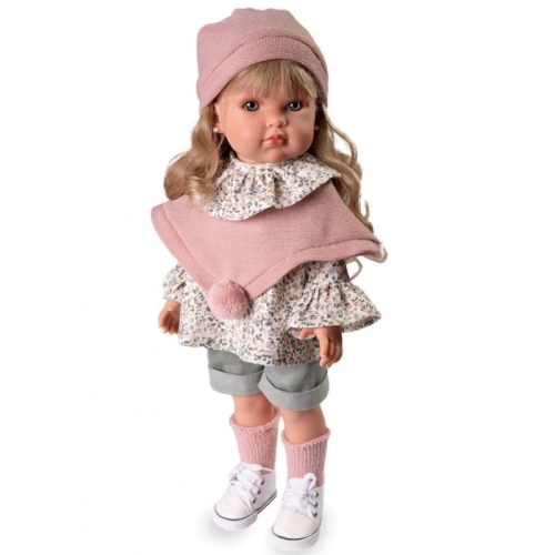 Lalka Hiszpańska 45 cm Antonio Juan 28331 Bella, lalka klasyczna, cała z winylu, gęste, długie do pasa lekko falowane blond włosy z grzywką, siedzi i stoi samodzielnie, w ubranku