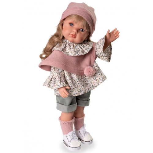 Lalka Hiszpańska 45 cm Antonio Juan 28331 Bella, lalka klasyczna, cała z winylu, gęste, długie do pasa lekko falowane blond włosy z grzywką, siedzi i stoi samodzielnie, w ubranku