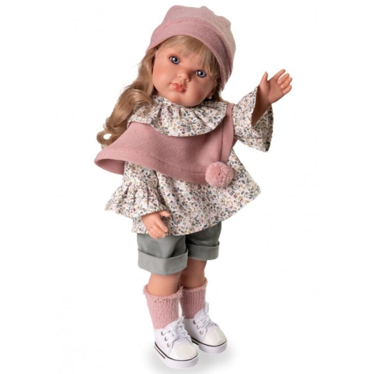 Lalka Hiszpańska 45 cm Antonio Juan 28331 Bella, lalka klasyczna, cała z winylu, gęste, długie do pasa lekko falowane blond włosy z grzywką, siedzi i stoi samodzielnie, w ubranku