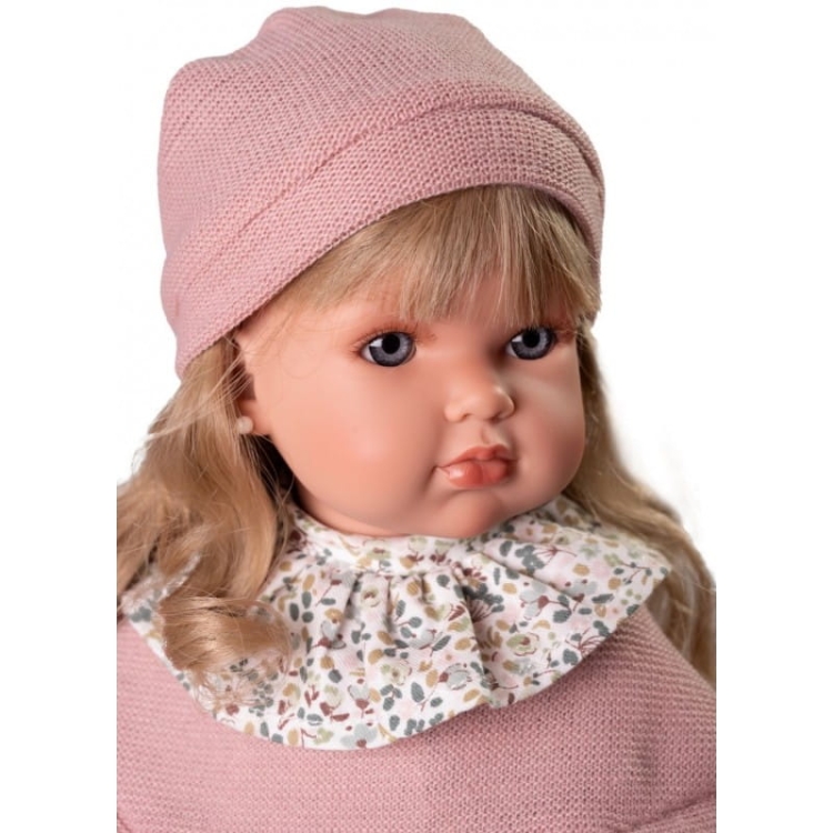 Lalka Hiszpańska 45 cm Antonio Juan 28331 Bella, lalka klasyczna, cała z winylu, gęste, długie do pasa lekko falowane blond włosy z grzywką, siedzi i stoi samodzielnie, w ubranku