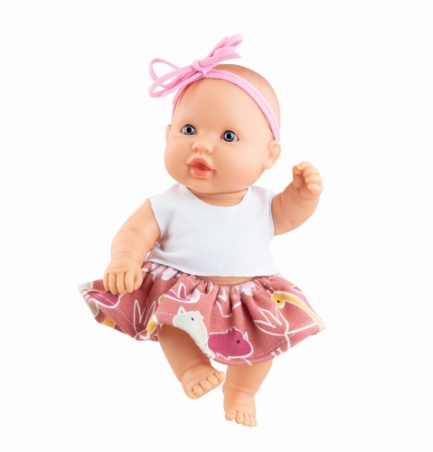 Lalka Hiszpańska 21 cm Paola Reina 30206 Peques, bobas cały z winylu, dziewczynka, bluzeczka, spódniczka, opaska na głowę, majteczki
