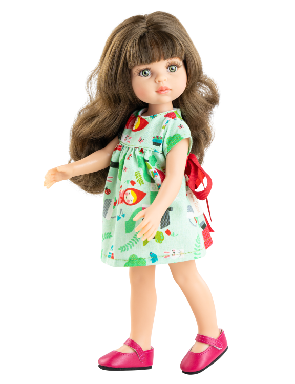 Lalka Hiszpańska 32 cm Paola Reina Amigas 04697 Carol, klasyczna, cała z winylu, zielone oczy, brązowe włosy z grzywką, sukienka, majteczki, buciki