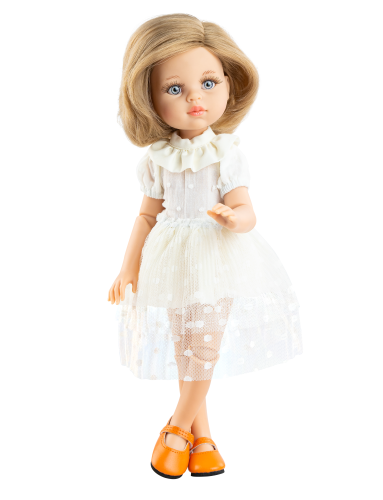 Lalka Hiszpańska 32 cm Paola Reina Amigas 04871 Carla, klasyczna, cała z winylu, przegubowa ruchome stawy, szaro-niebieskie oczy, blond włosy do ramion, kremowa sukienka, majteczki, buciki