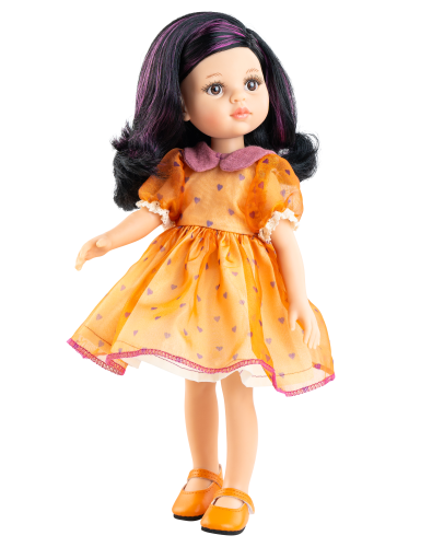 Lalka Hiszpańska 32 cm Paola Reina Amigas 04692 Carina, klasyczna, cała z winylu, brązowe oczy, czarne włosy z fioletowymi pasemkami, pomarańczowa sukienka, pomarańczowe buciki, majteczki
