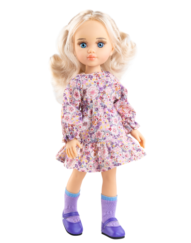 Lalka Hiszpańska 32 cm Paola Reina Amigas 04706 Clara, klasyczna, cała z winylu, niebieskie oczy, białe perłowe włosy, sukienka w kwiatuszki długi rękaw, podkolanówki, buciki