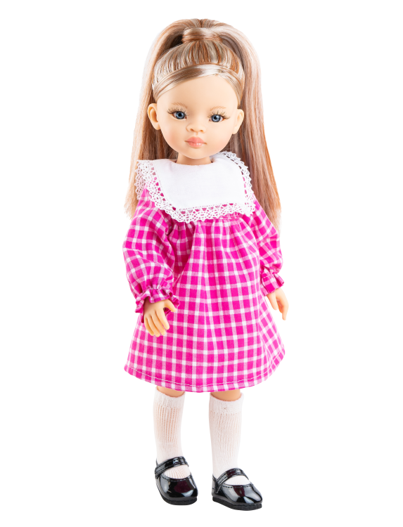 Lalka Hiszpańska 32 cm Paola Reina Amigas 04696 Cassandra, klasyczna, cała z winylu, niebieskie oczy, perłowe włosy z pasemkami, różowa sukienka w kratkę, majteczki, podkolanówki, buciki