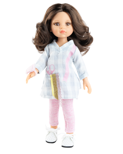 Lalka Hiszpańska 32 cm Paola Reina Amigas 04707 Carol krawcowa, klasyczna, cała z winylu, brązowe oczy, brązowe włosy, tunika, różowe legginsy, wiązane buciki