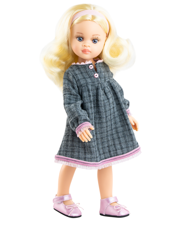 Lalka Hiszpańska 32 cm Paola Reina Amigas 04687 Laura, klasyczna, cała z winylu, niebieskie oczy, jasnoblond włosy, szara sukienka w krateczkę, majteczki, opaska na głowę, różowe buciki
