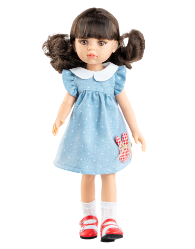 Lalka Hiszpańska 32 cm Paola Reina Amigas 04693 Carol, klasyczna, cała z winylu, brązowe oczy, brązowe włosy z grzywką, piegi na buzi, niebieska sukienka z białym kołnierzykiem, majteczki, skarpetki, buciki