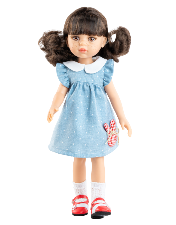 Lalka Hiszpańska 32 cm Paola Reina Amigas 04693 Carol, klasyczna, cała z winylu, brązowe oczy, brązowe włosy z grzywką, piegi na buzi, niebieska sukienka z białym kołnierzykiem, majteczki, skarpetki, buciki