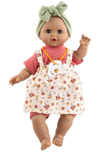 Lalka Hiszpańska 36 cm Paola Reina 08042 Sonia, bobas miękki brzuszek, mulatka, zamyka oczy, płacze, mówi: mama, papa, bez włosów, w ubranku
