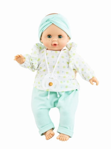 Lalka Hiszpańska 36 cm Paola Reina 08048 Sonia, bobas miękki brzuszek, zamyka oczy, płacze, mówi: mama, papa, bez włosów, opaska na głowę, bluzka, spodenki