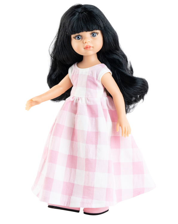 Lalka Hiszpańska 32 cm Paola Reina Amigas 04694 Carina, klasyczna, cała z winylu, niebieskie oczy, czarne długie do pasa włosy z grzywką, długa sukienka w biało-różową kratę, majteczki, buciki