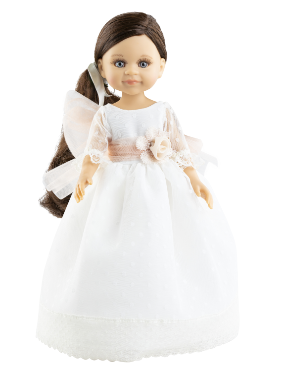 Lalka Hiszpańska 32 cm Paola Reina Amigas 04549 Cleo, klasyczna, cała z winylu, niebiesko-szare oczy, brązowe włosy, długa balowa sukienka, majteczki, buciki