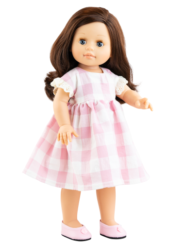 Lalka Hiszpańska 42 cm Paola Reina Soy Tu 06115 Emily, klasyczna, cała z winylu, brązowe włosy, zamyka oczy, w ubranku