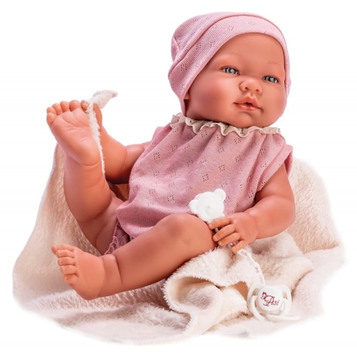 Lalka Hiszpańska 43 cm ASI 0367010 Maria, bobas bez włosów, z rzęsami, cała z winylu, dziewczynka, w ubranku, smoczek, kocyk