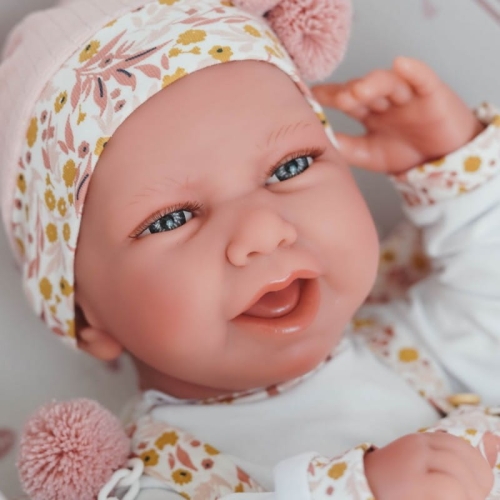 Lalka Hiszpańska 42 cm Antonio Juan 50404 Carla, bobas cały z winylu, dziewczynka, bez włosów, rzęsy, w ubranku, smoczek, dwustronny kocyk służy jako materacyk, przewijak, krzesełko