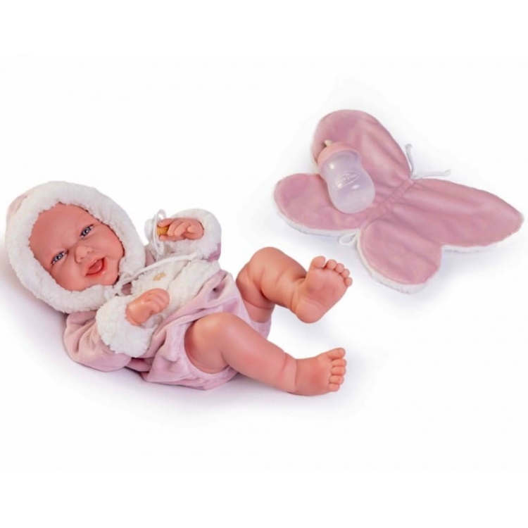 Lalka Hiszpańska 42 cm Antonio Juan 50395 Carla, bobas cały z winylu, dziewczynka, bez włosów, rzęsy, w ubranku, smoczek, buteleczka, podusia motylek