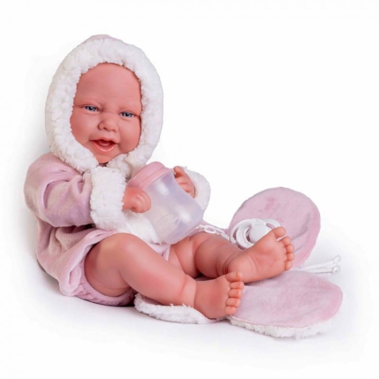 Lalka Hiszpańska 42 cm Antonio Juan 50395 Carla, bobas cały z winylu, dziewczynka, bez włosów, rzęsy, w ubranku, smoczek, buteleczka, podusia motylek