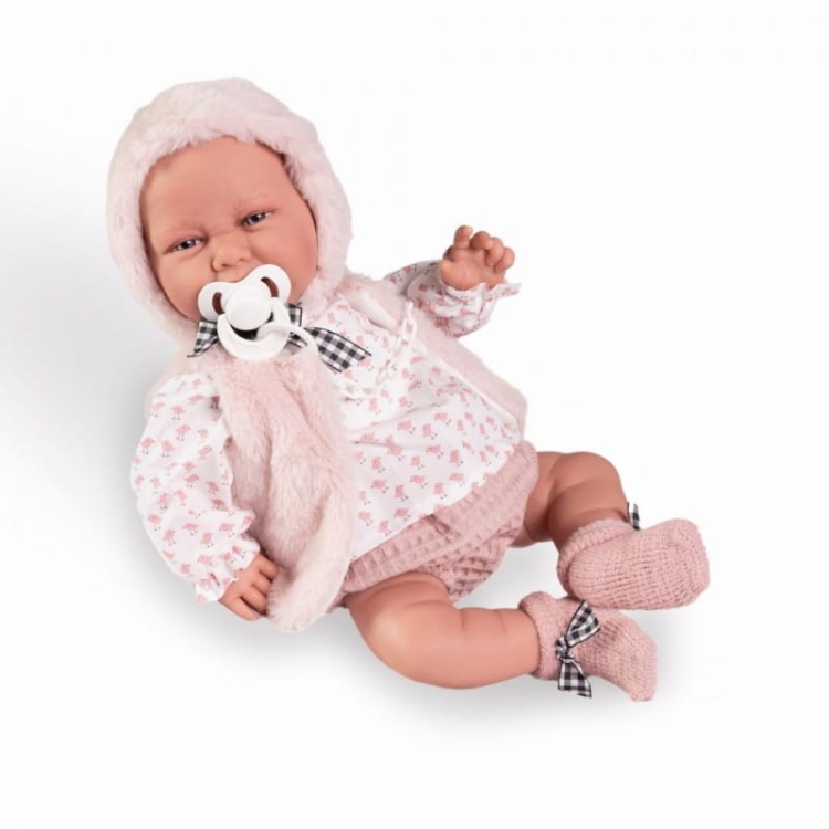 Lalka Hiszpańska 42 cm Antonio Juan 33013 Carla, bobas miękki brzuszek, rączki i nóżki na ruchomych stawach, co pozwala na posadzenie laleczki, uśmiechnięta, widoczny języczek i ząbki, w ubranku, smoczek
