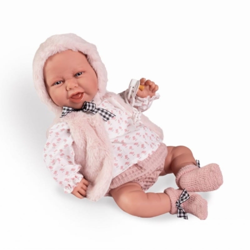 Lalka Hiszpańska 42 cm Antonio Juan 33013 Carla, bobas miękki brzuszek, rączki i nóżki na ruchomych stawach, co pozwala na posadzenie laleczki, uśmiechnięta, widoczny języczek i ząbki, w ubranku, smoczek