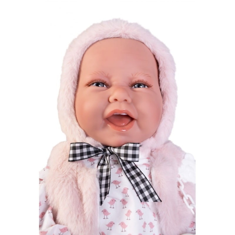 Lalka Hiszpańska 42 cm Antonio Juan 33013 Carla, bobas miękki brzuszek, rączki i nóżki na ruchomych stawach, co pozwala na posadzenie laleczki, uśmiechnięta, widoczny języczek i ząbki, w ubranku, smoczek