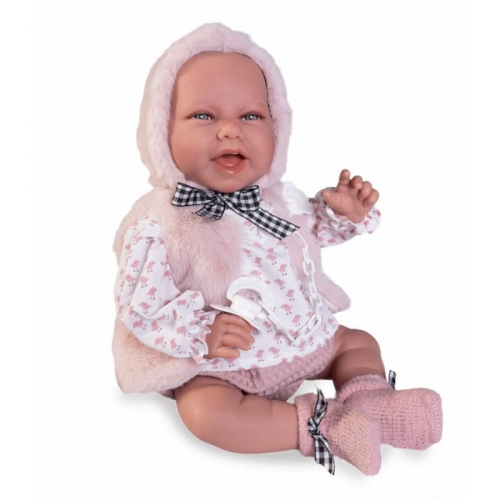 Lalka Hiszpańska 42 cm Antonio Juan 33013 Carla, bobas miękki brzuszek, rączki i nóżki na ruchomych stawach, co pozwala na posadzenie laleczki, uśmiechnięta, widoczny języczek i ząbki, w ubranku, smoczek