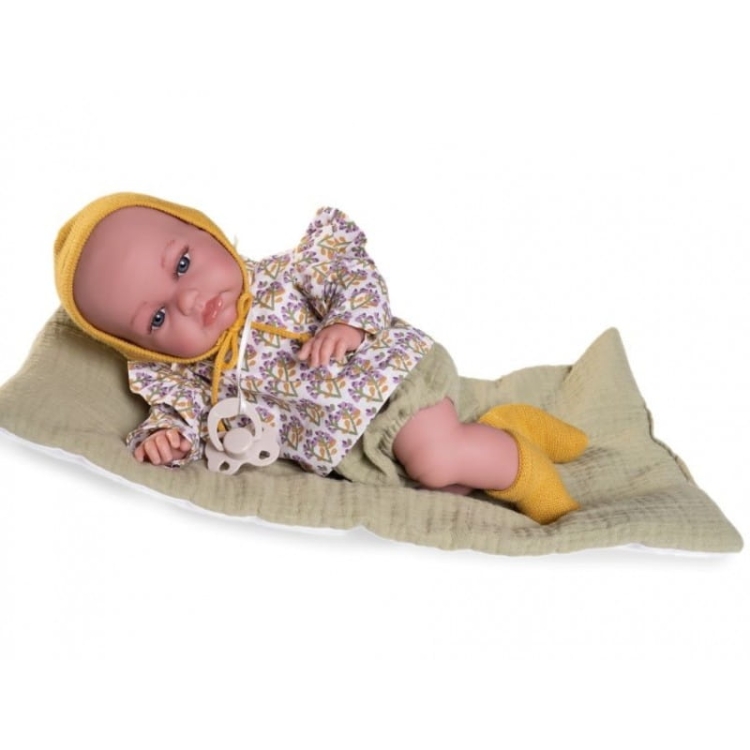 Lalka Hiszpańska 34 cm Antonio Juan 70365 Baby Toneta Posturitas, bobas, miękki brzuszek, w ciele stelaż, który pozwala na zmiany pozycji, w ubranku, smoczek, kocyk / kołderka