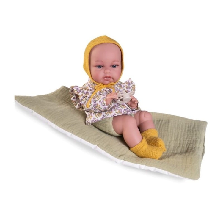 Lalka Hiszpańska 34 cm Antonio Juan 70365 Baby Toneta Posturitas, bobas, miękki brzuszek, w ciele stelaż, który pozwala na zmiany pozycji, w ubranku, smoczek, kocyk / kołderka