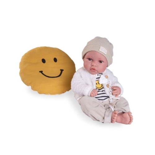 Lalka Hiszpańska 42 cm Antonio Juan 50423 Erik, bobas cały z winylu, chłopiec, bez włosów, rzęsy, w ubranku, poduszka Smile, smoczek