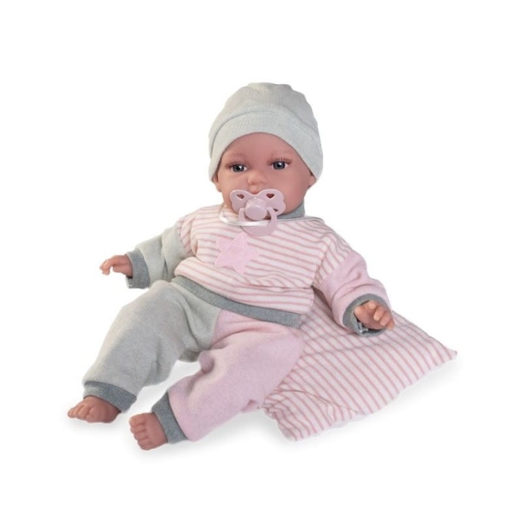 Lalka Hiszpańska 34 cm Antonio Juan 70331 Baby Toneta, bobas, miękki brzuszek, gaworzy, w ubranku, smoczek, poduszka