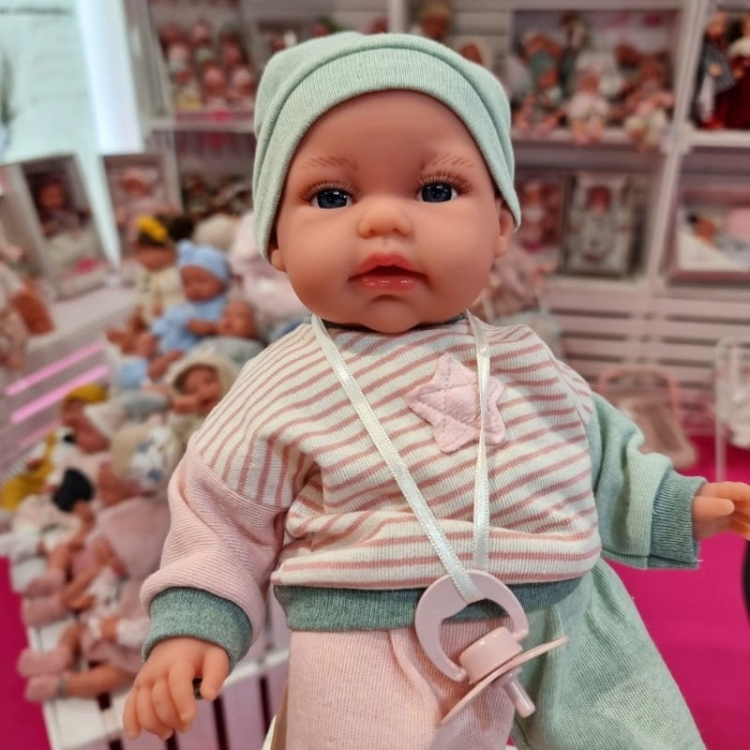 Lalka Hiszpańska 34 cm Antonio Juan 70331 Baby Toneta, bobas, miękki brzuszek, gaworzy, w ubranku, smoczek, poduszka