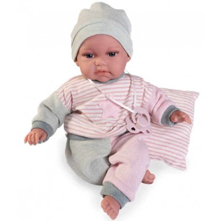 Lalka Hiszpańska 34 cm Antonio Juan 70331 Baby Toneta, bobas, miękki brzuszek, gaworzy, w ubranku, smoczek, poduszka