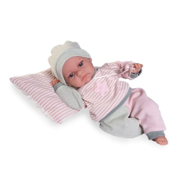Lalka Hiszpańska 34 cm Antonio Juan 70331 Baby Toneta, bobas, miękki brzuszek, gaworzy, w ubranku, smoczek, poduszka