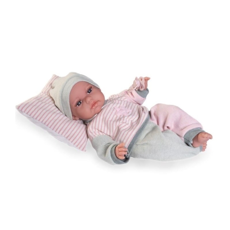 Lalka Hiszpańska 34 cm Antonio Juan 70331 Baby Toneta, bobas, miękki brzuszek, gaworzy, w ubranku, smoczek, poduszka