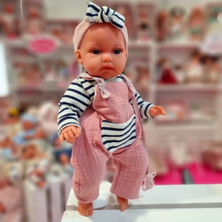 Lalka Hiszpańska 34 cm Antonio Juan 70332 Baby Toneta, bobas, miękki brzuszek, gaworzy, w ubranku, smoczek, torebka w kształcie rybki