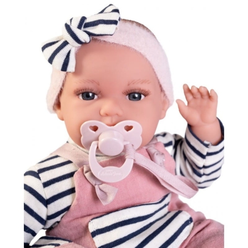 Lalka Hiszpańska 34 cm Antonio Juan 70332 Baby Toneta, bobas, miękki brzuszek, gaworzy, w ubranku, smoczek, torebka w kształcie rybki