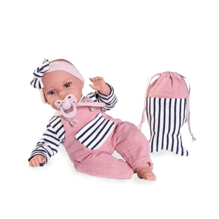 Lalka Hiszpańska 34 cm Antonio Juan 70332 Baby Toneta, bobas, miękki brzuszek, gaworzy, w ubranku, smoczek, torebka w kształcie rybki